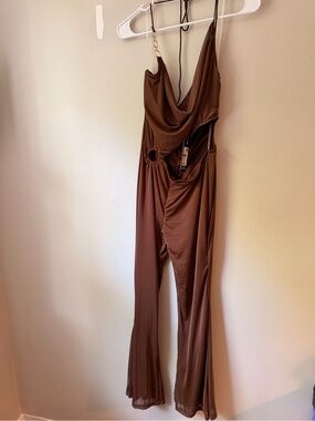 Brown Cutout Satin Jumpsuit with Ring Detail